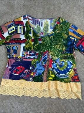Vintage Arvanti Artistic Cityscape Lace Trim V-Neck Top Boho Art To Wear XL